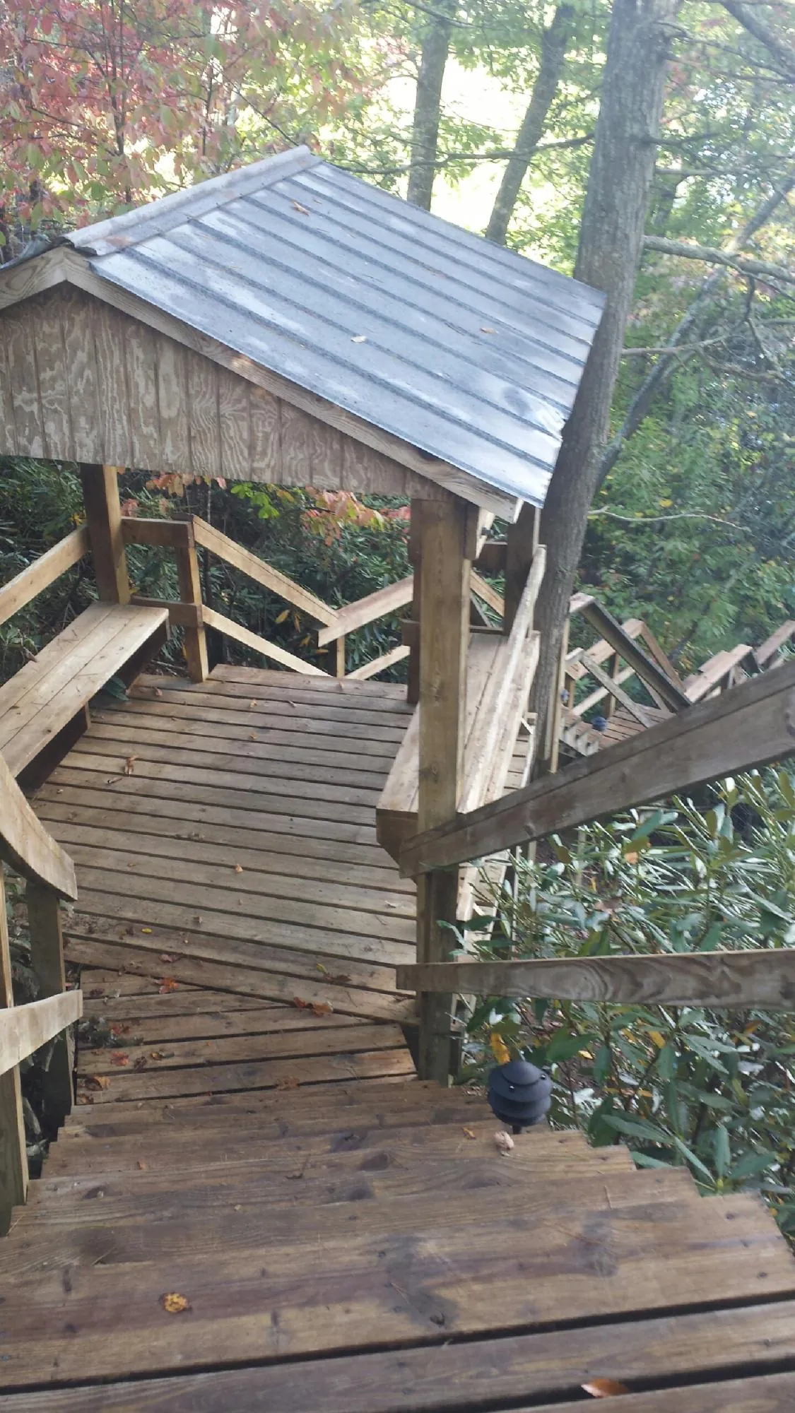 Metal roofed shelter over wooden steps on a wooded walkway — Skylight Repair & Installation work by our crew in Wasco